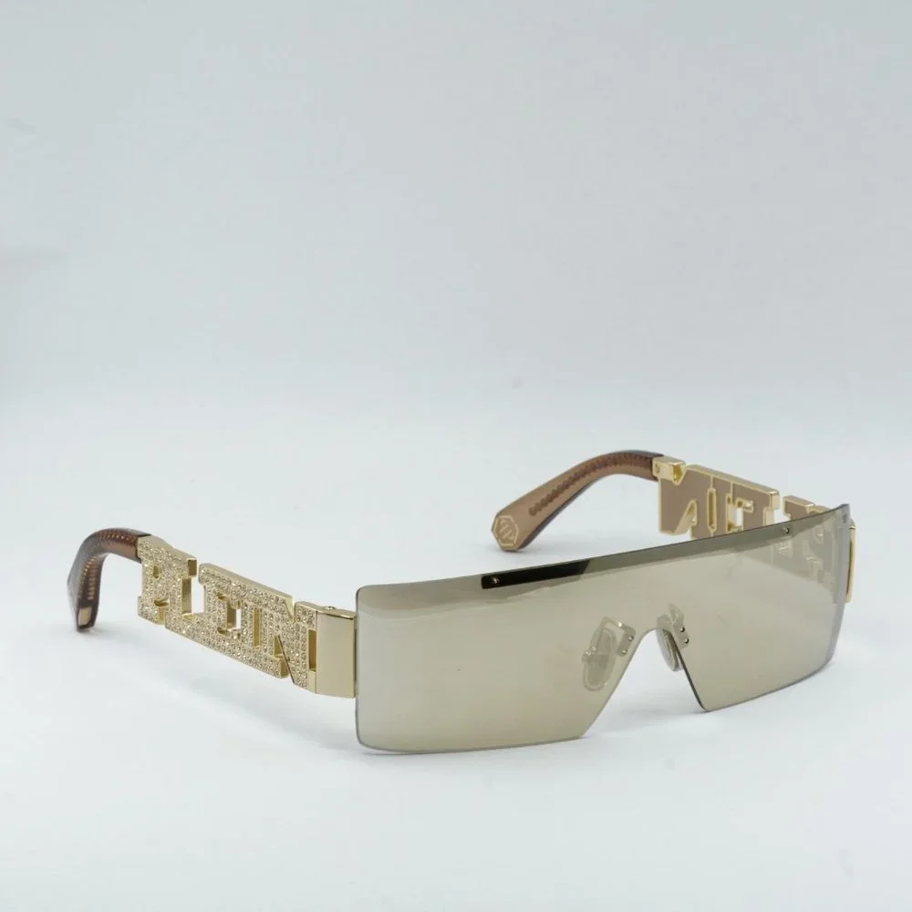 Gold Shield Rimless Sunglasses with Embellished Temples
